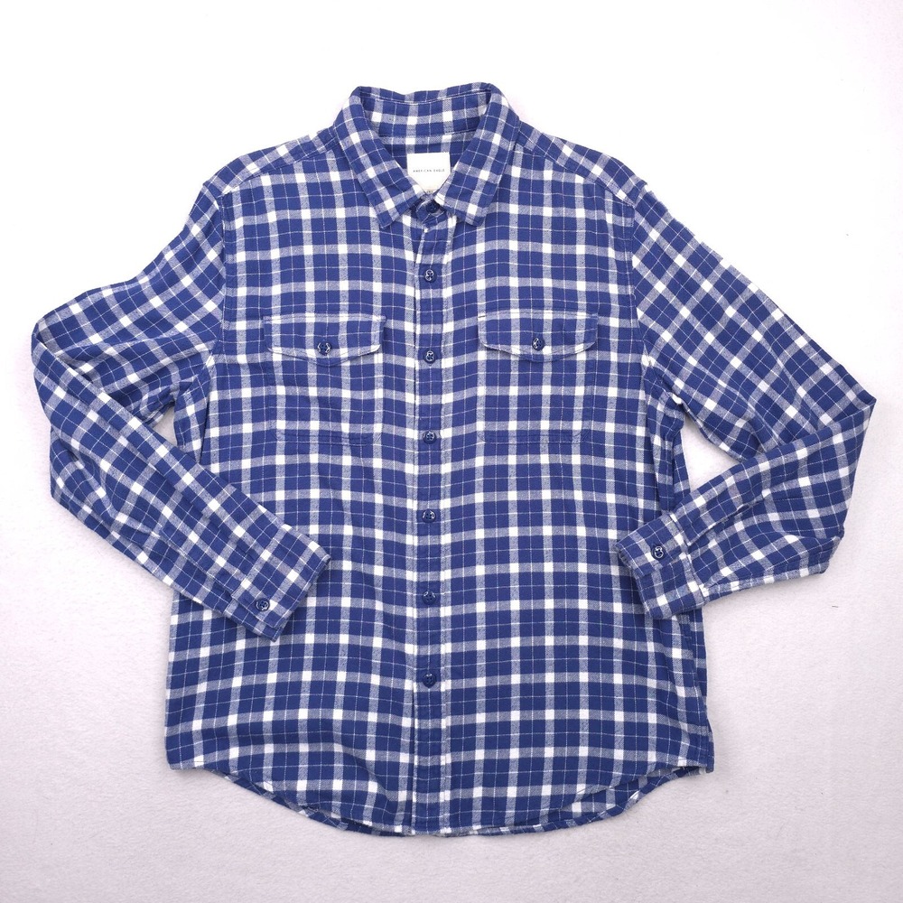 American Eagle Shirt Mens Large Blue White Tartan Plaid Flannel Long Sleeve